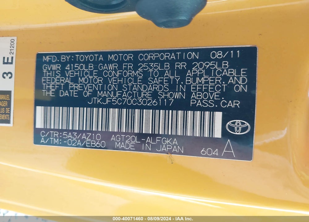 2012 SCION TC RELEASE SERIES 7.0 VIN: JTKJF5C70C3026117