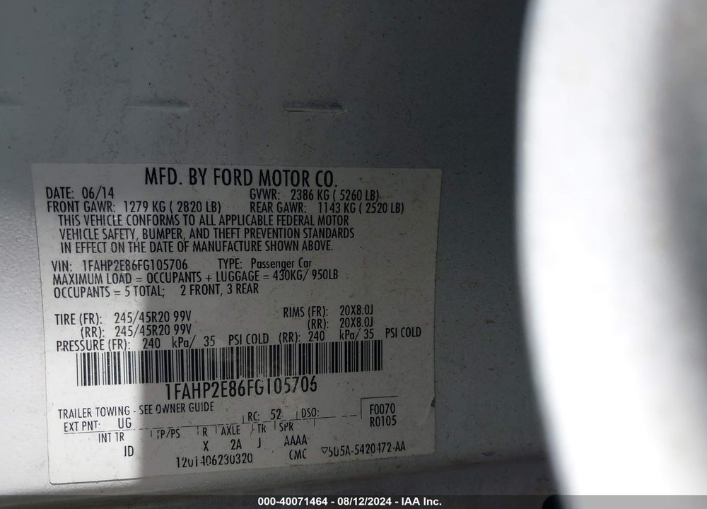 2015 FORD TAURUS SEL VIN: 1FAHP2E86FG105706