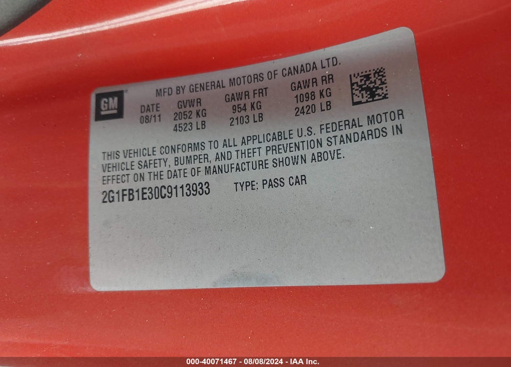 2012 CHEVROLET CAMARO 1LT VIN: 2G1FB1E30C9113933