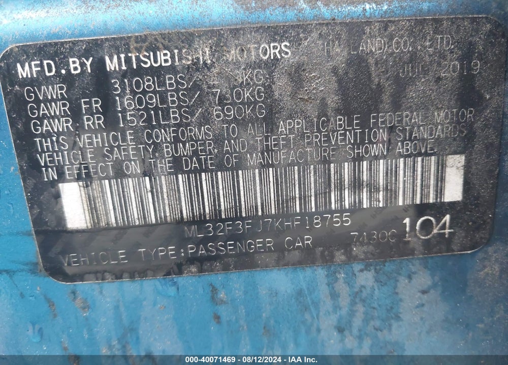2019 MITSUBISHI MIRAGE G4 ES VIN: ML32F3FJ7KHF18755