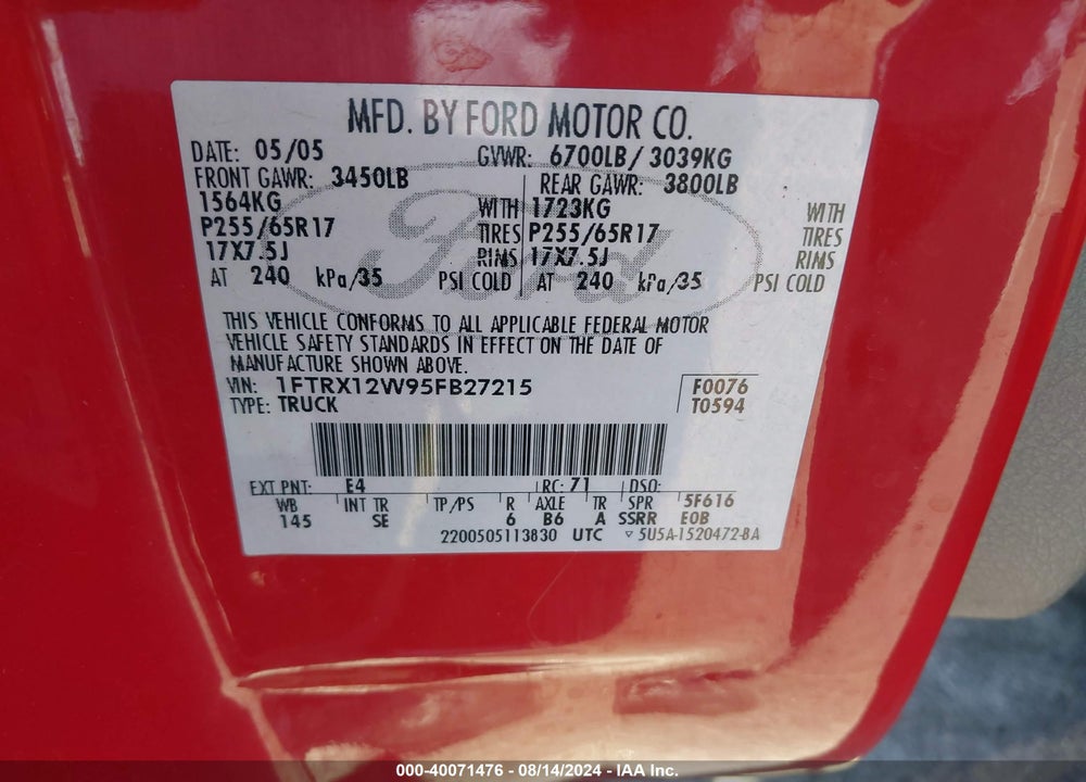 2005 FORD F-150 STX/XL/XLT VIN: 1FTRX12W95FB27215