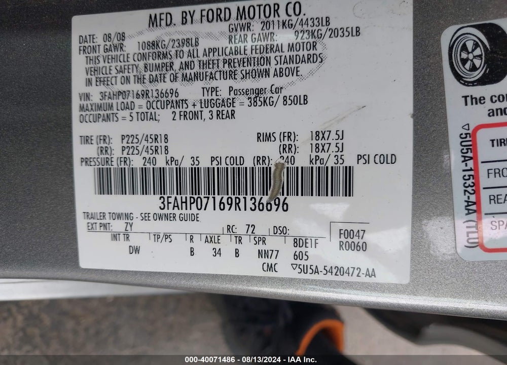 2009 FORD FUSION VIN: 3FAHP07169R136696