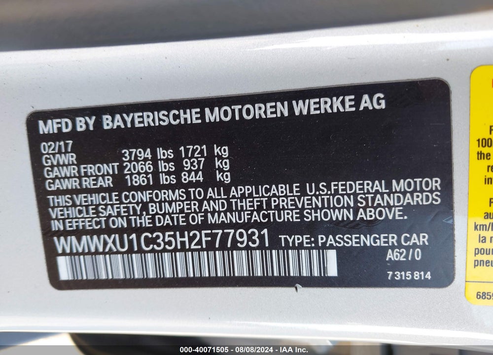 2017 MINI HARDTOP COOPER VIN: WMWXU1C35H2F77931