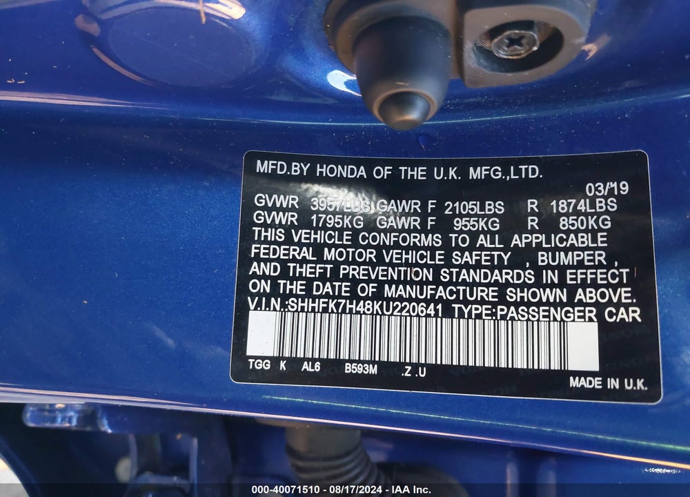 2019 HONDA CIVIC SPORT VIN: SHHFK7H48KU220641