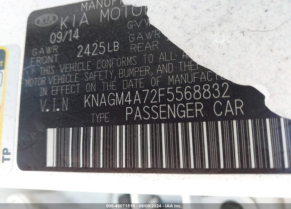 2015 KIA OPTIMA LX VIN: KNAGM4A72F5568832