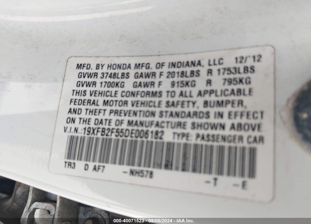 2013 HONDA CIVIC LX VIN: 19XFB2F55DE006182
