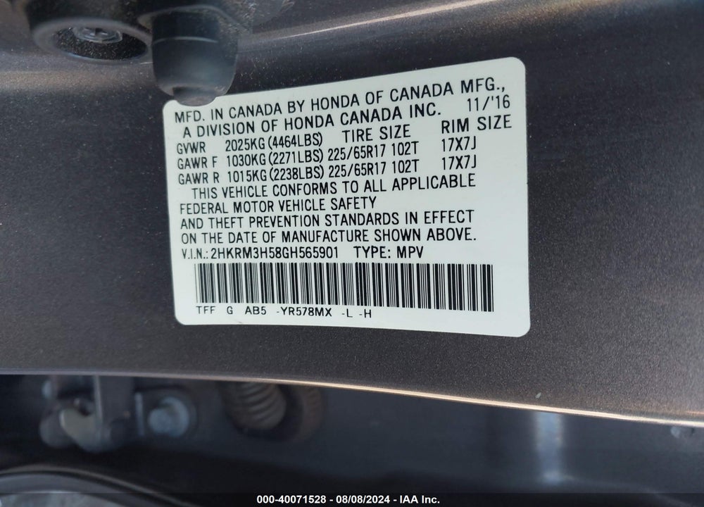 2016 HONDA CR-V EX VIN: 2HKRM3H58GH565901