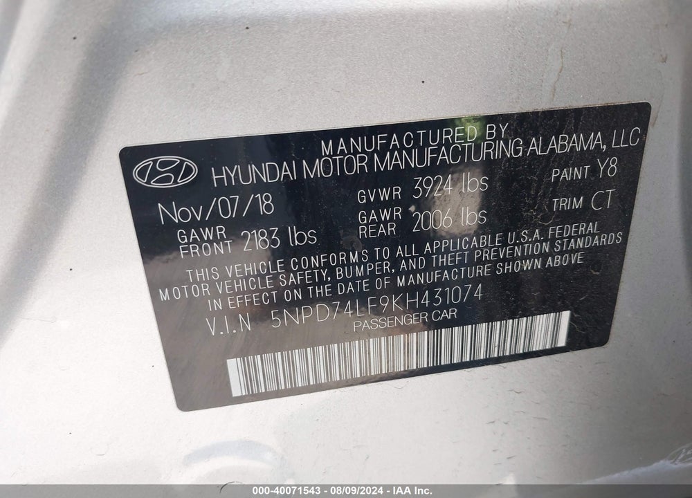 2019 HYUNDAI ELANTRA SE VIN: 5NPD74LF9KH431074
