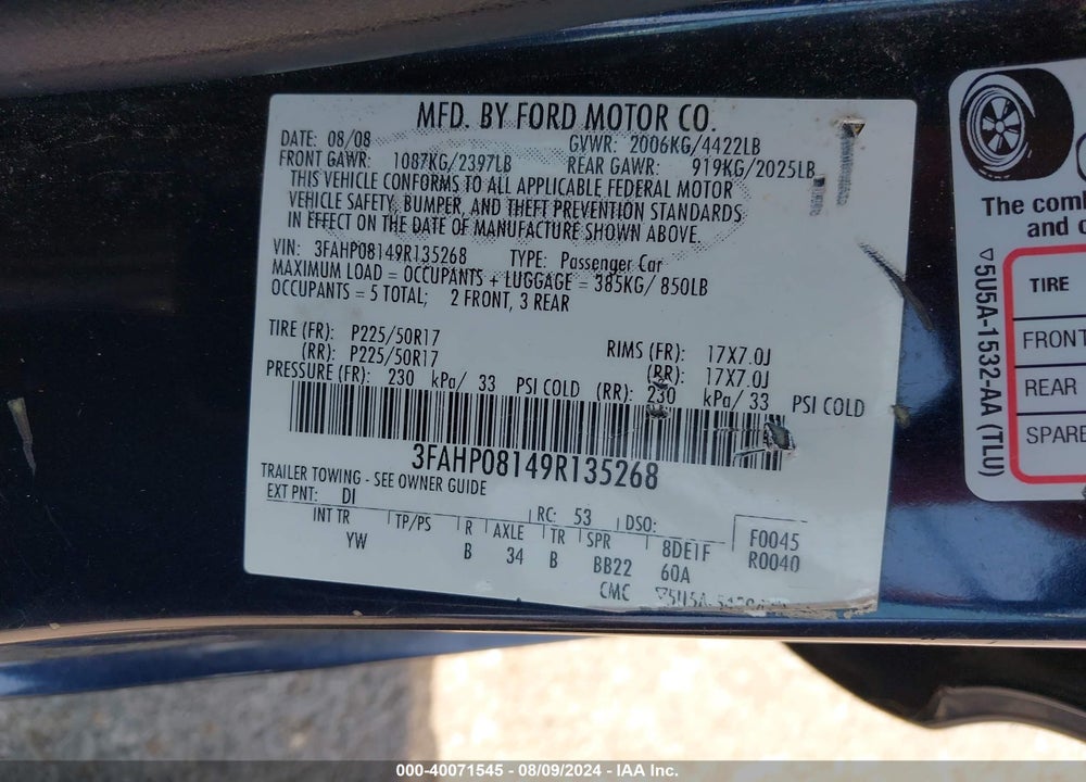 2009 FORD FUSION SEL VIN: 3FAHP08149R135268