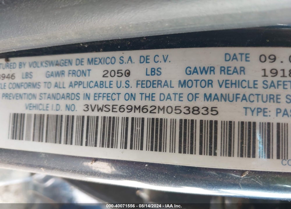 2002 VOLKSWAGEN JETTA GLS 1.8L VIN: 3VWSE69M62M053835