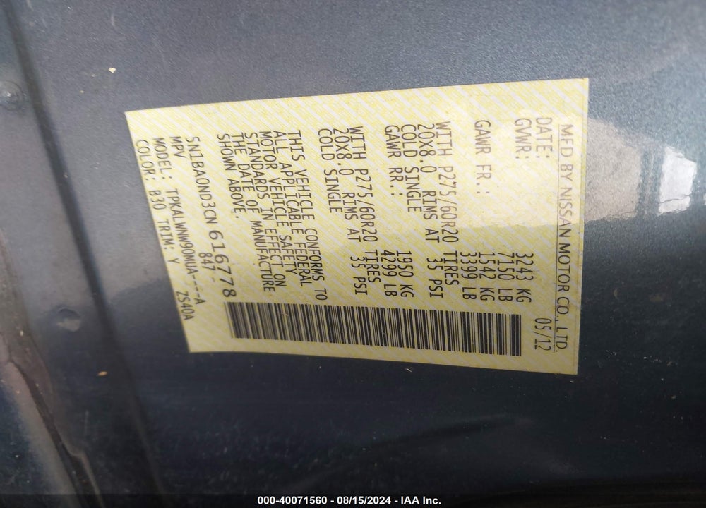 2012 NISSAN ARMADA PLATINUM VIN: 5N1BA0ND3CN616778