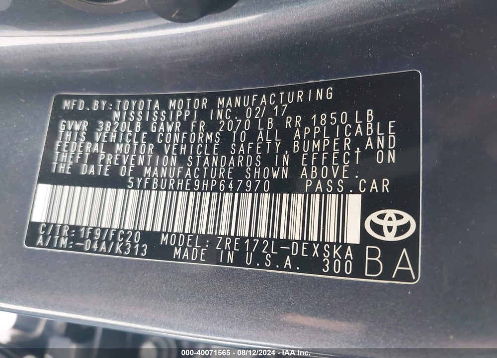 2017 TOYOTA COROLLA SE VIN: 5YFBURHE9HP647970