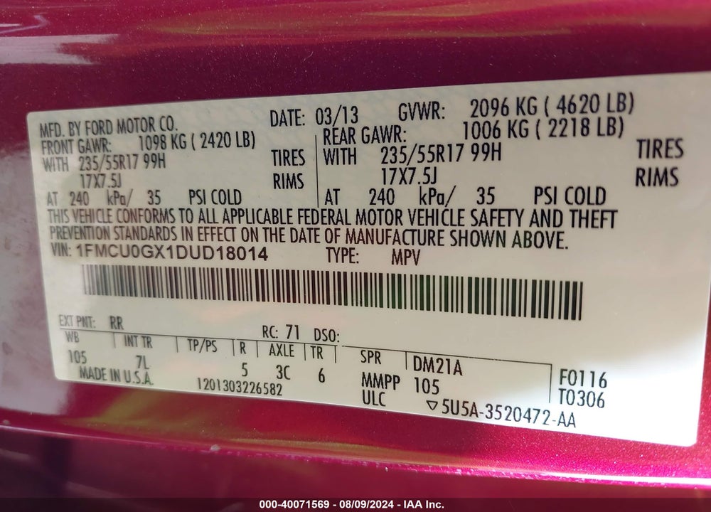 2013 FORD ESCAPE SE VIN: 1FMCU0GX1DUD18014