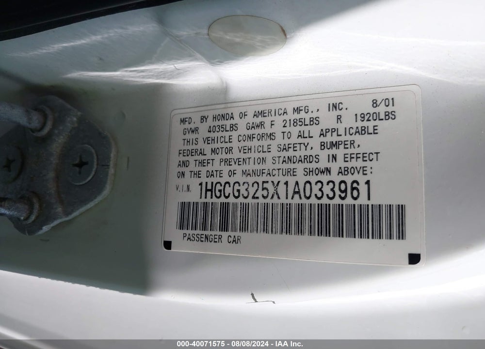 2001 HONDA ACCORD 2.3 EX VIN: 1HGCG325X1A033961