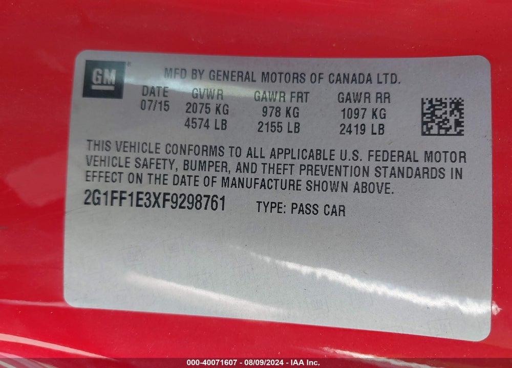 2015 CHEVROLET CAMARO 2LT VIN: 2G1FF1E3XF9298761