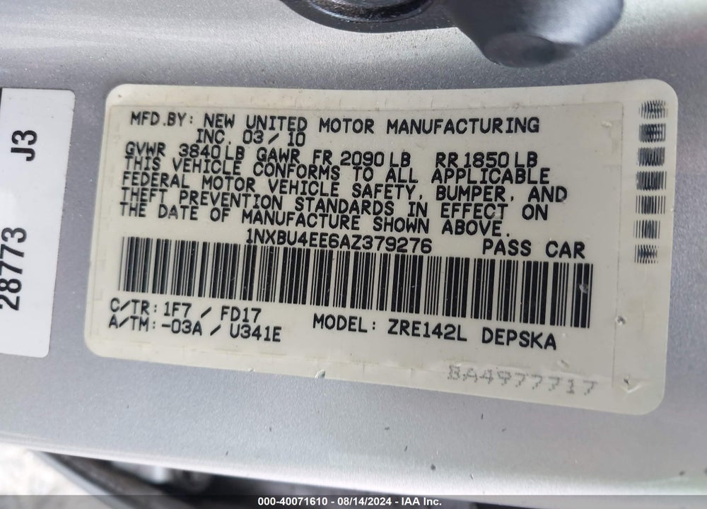 2010 TOYOTA COROLLA S VIN: 1NXBU4EE6AZ379276