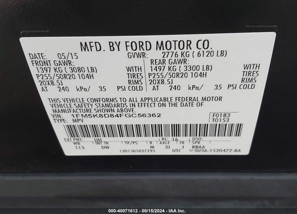 2015 FORD EXPLORER XLT VIN: 1FM5K8D84FGC56362