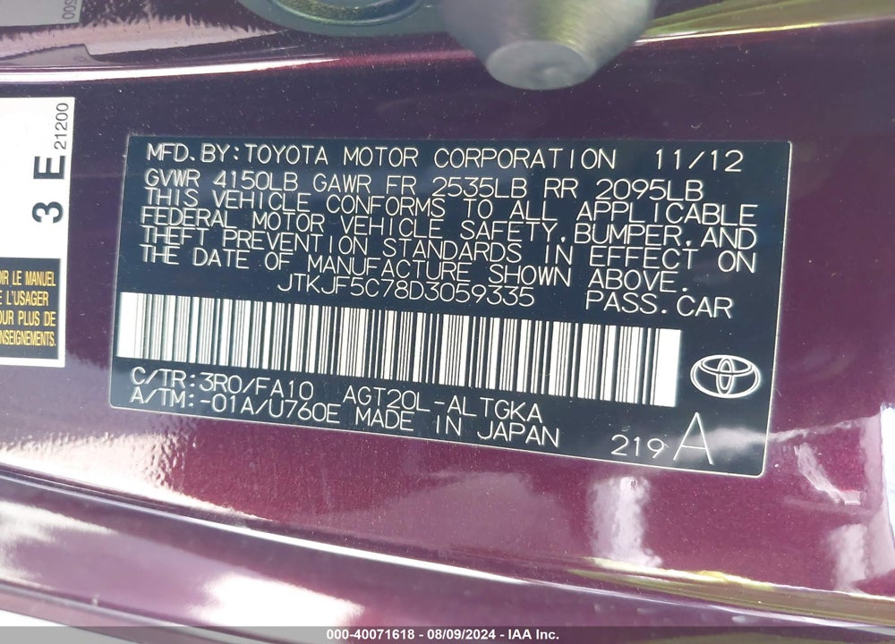 2013 SCION TC BASE (A6) VIN: JTKJF5C78D3059335