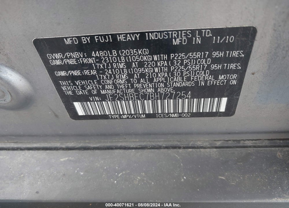 2011 SUBARU FORESTER 2.5X LIMITED VIN: JF2SHBEC7BH727254