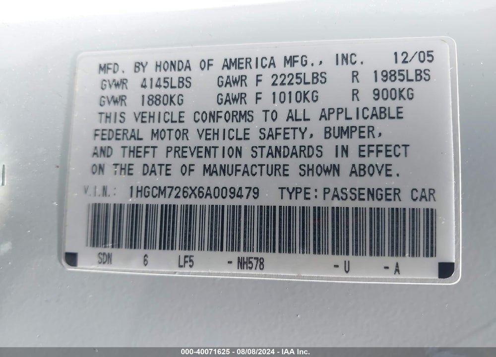 2006 HONDA ACCORD 2.4 EX VIN: 1HGCM726X6A009479