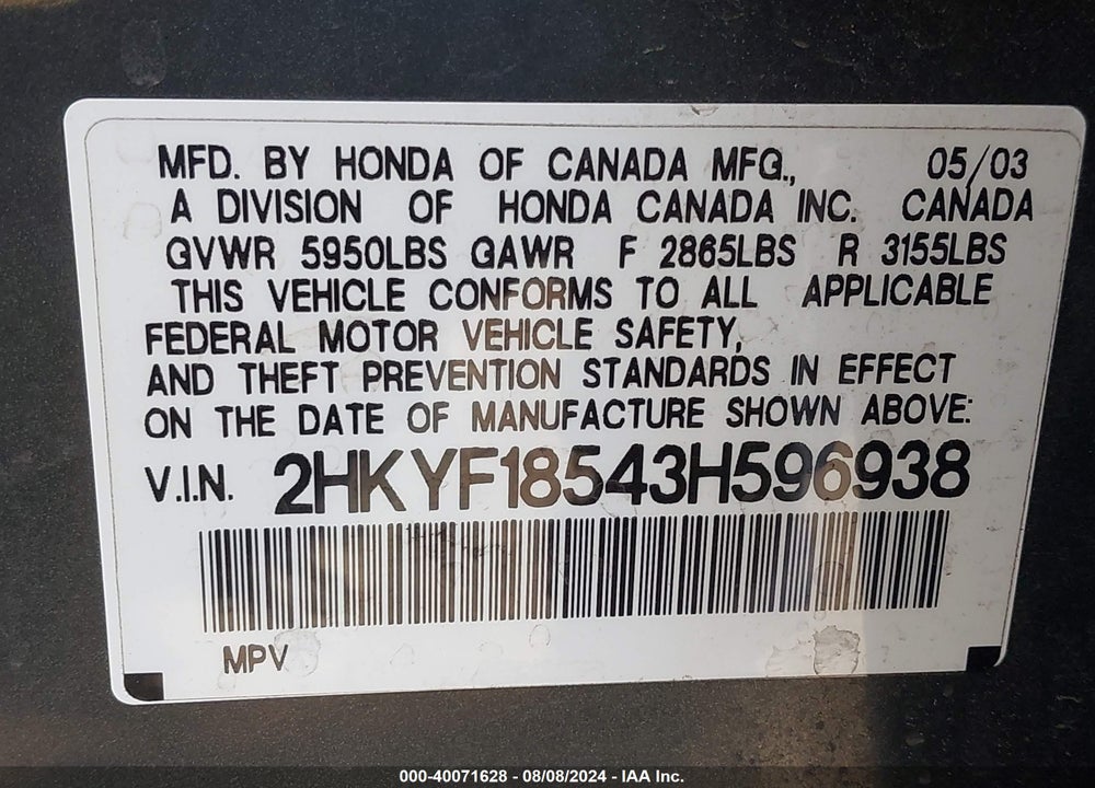 2003 HONDA PILOT EX-L VIN: 2HKYF18543H596938