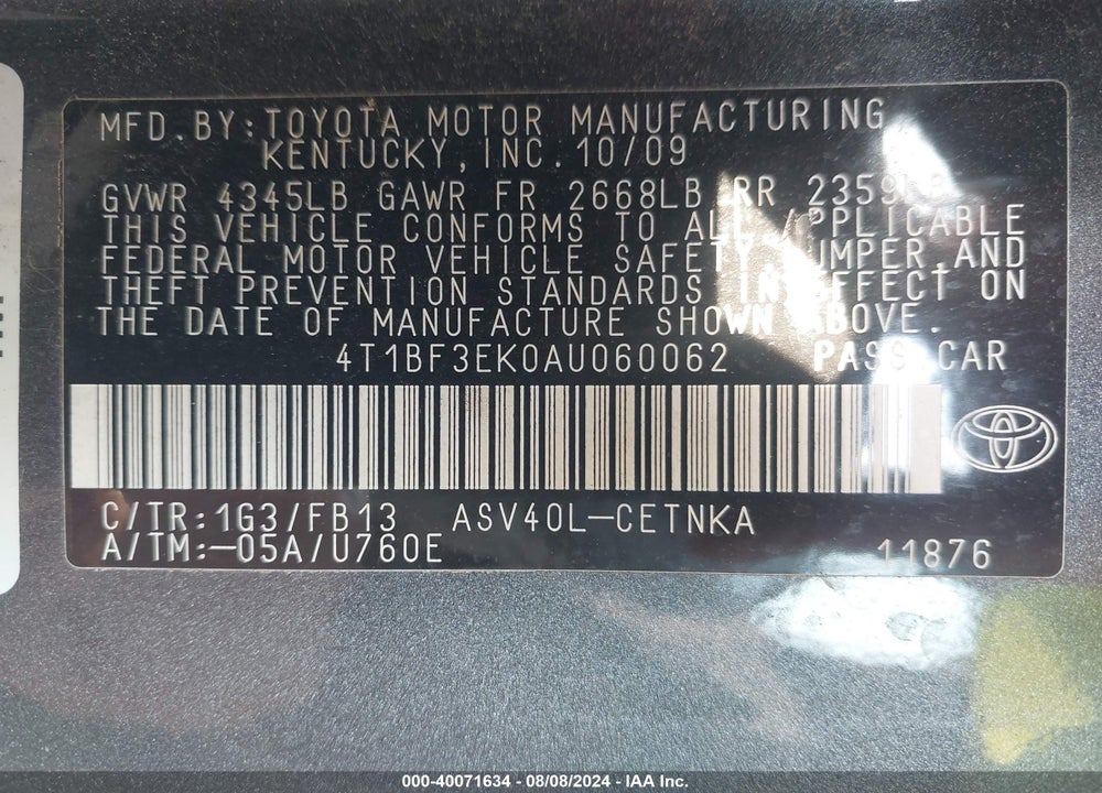 2010 TOYOTA CAMRY LE VIN: 4T1BF3EK0AU060062