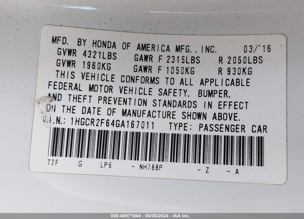 2016 HONDA ACCORD SPORT VIN: 1HGCR2F64GA167011