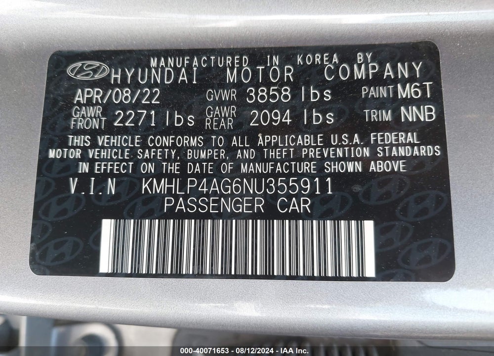 2022 HYUNDAI ELANTRA LIMITED VIN: KMHLP4AG6NU355911
