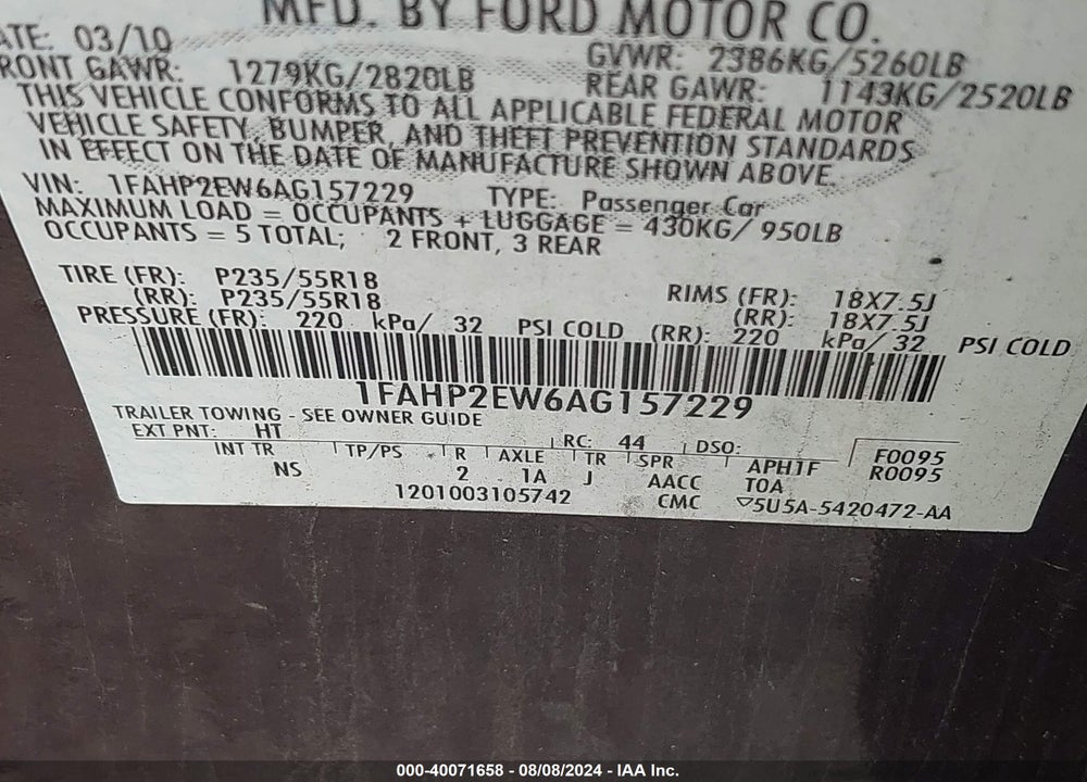 2010 FORD TAURUS SEL VIN: 1FAHP2EW6AG157229