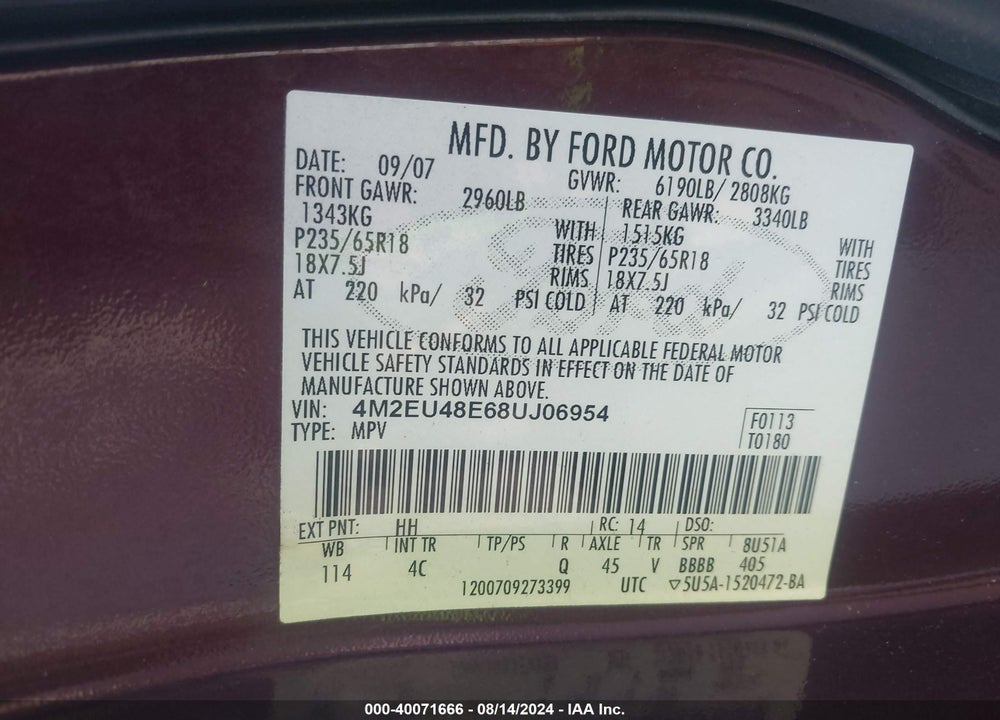 2008 MERCURY MOUNTAINEER PREMIER VIN: 4M2EU48E68UJ06954