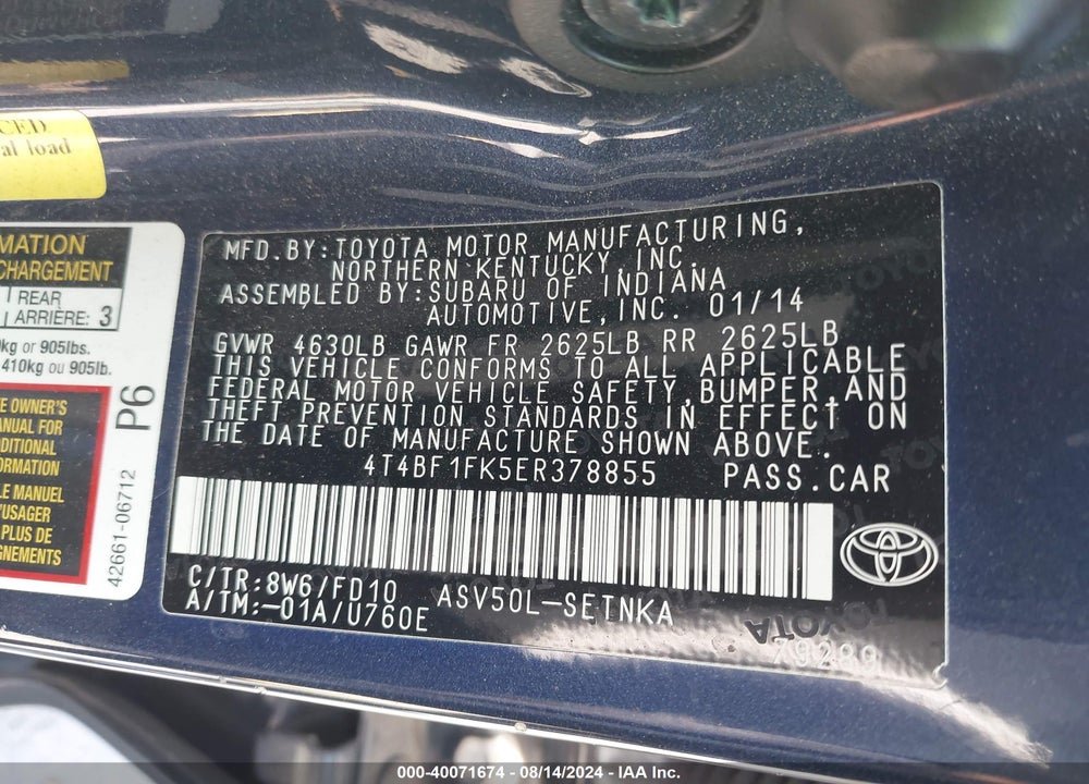 2014 TOYOTA CAMRY LE VIN: 4T4BF1FK5ER378855