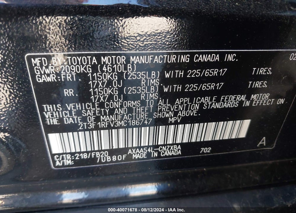 2021 TOYOTA RAV4 LE VIN: 2T3F1RFV3MC186747