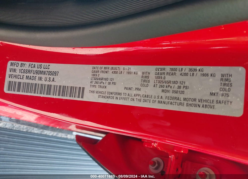 2021 RAM 1500 VIN: 1C6SRFU90MN705097