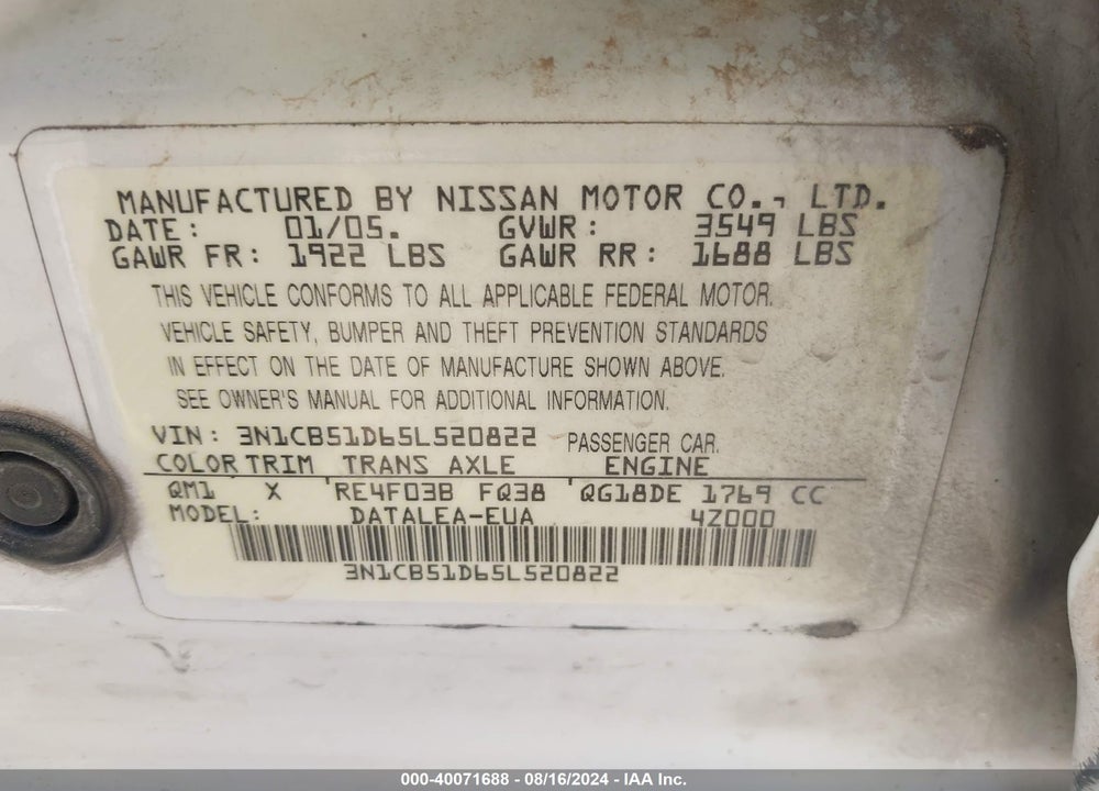 2005 NISSAN SENTRA 1.8S VIN: 3N1CB51D65L520822