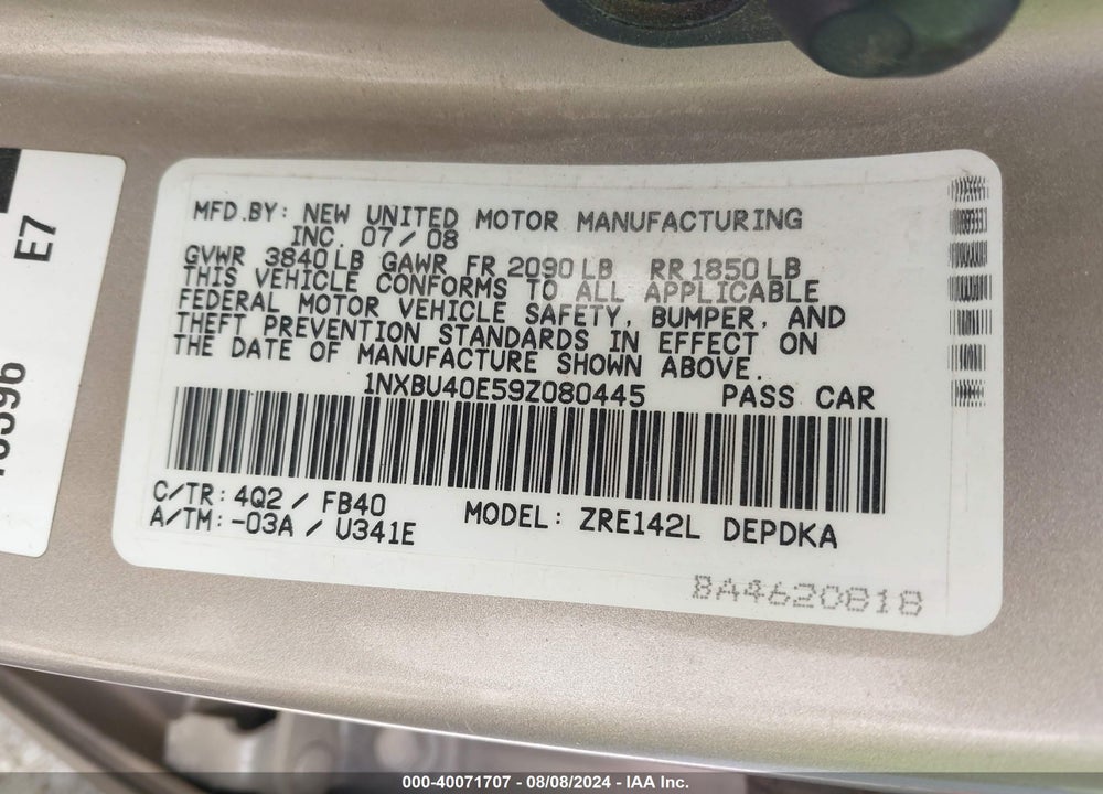 2009 TOYOTA COROLLA LE VIN: 1NXBU40E59Z080445