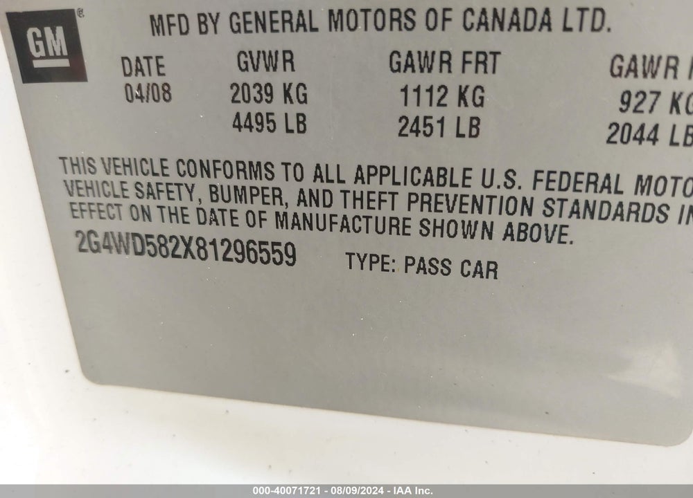 2008 BUICK LACROSSE CXL VIN: 2G4WD582X81296559