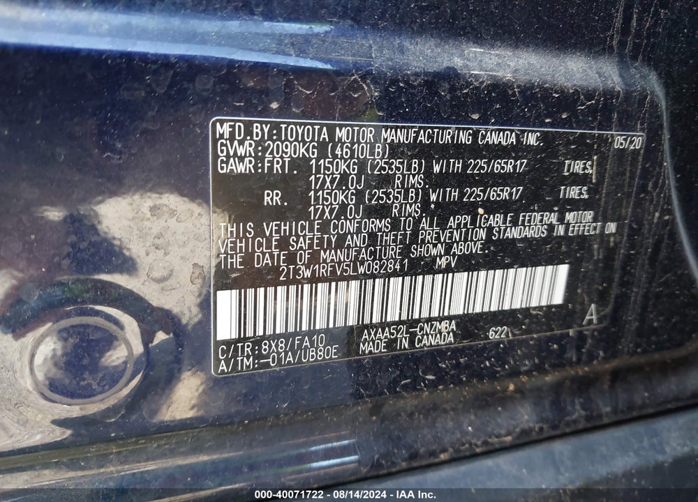 2020 TOYOTA RAV4 XLE VIN: 2T3W1RFV5LW082841