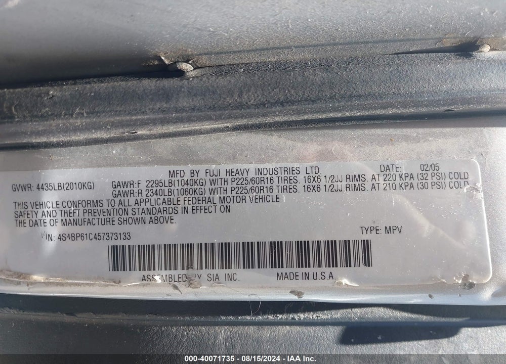 2005 SUBARU OUTBACK 2.5I VIN: 4S4BP61C457373133