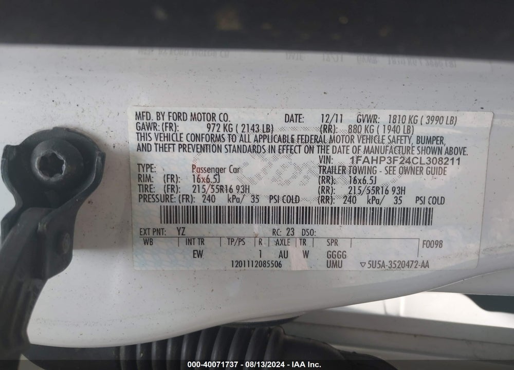 2012 FORD FOCUS SE VIN: 1FAHP3F24CL308211