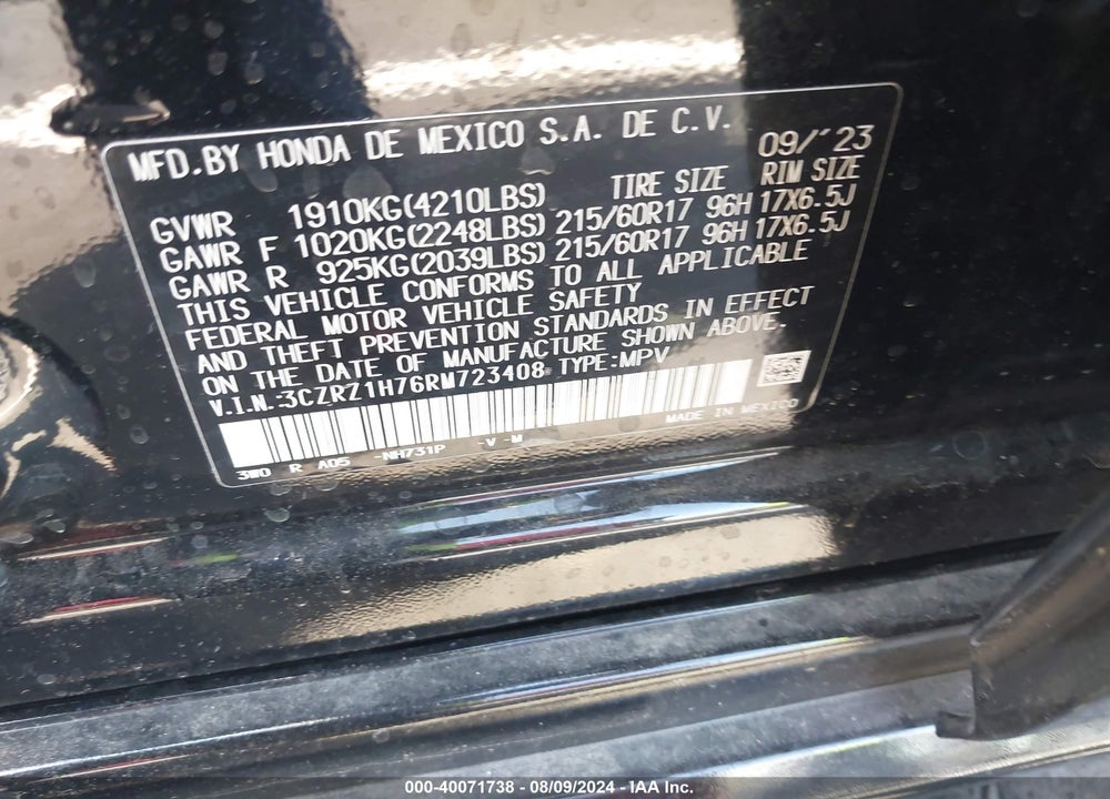 2024 HONDA HR-V 2WD EX-L/2WD EX-L W/O BSI VIN: 3CZRZ1H76RM723408