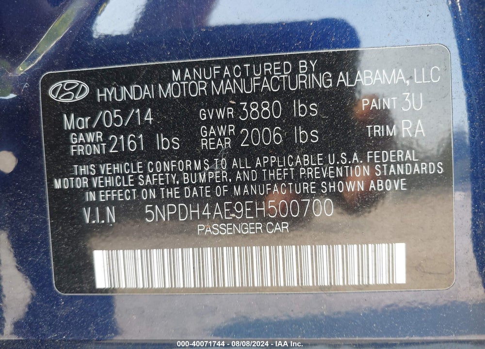 2014 HYUNDAI ELANTRA SE VIN: 5NPDH4AE9EH500700