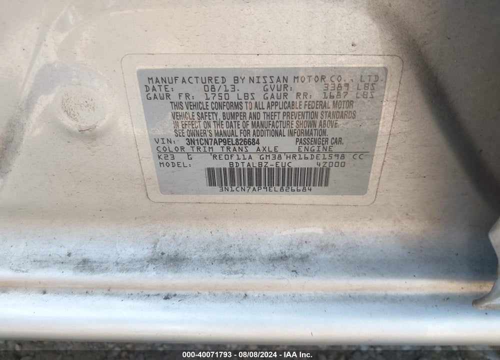 2014 NISSAN VERSA 1.6 SV VIN: 3N1CN7AP9EL826684
