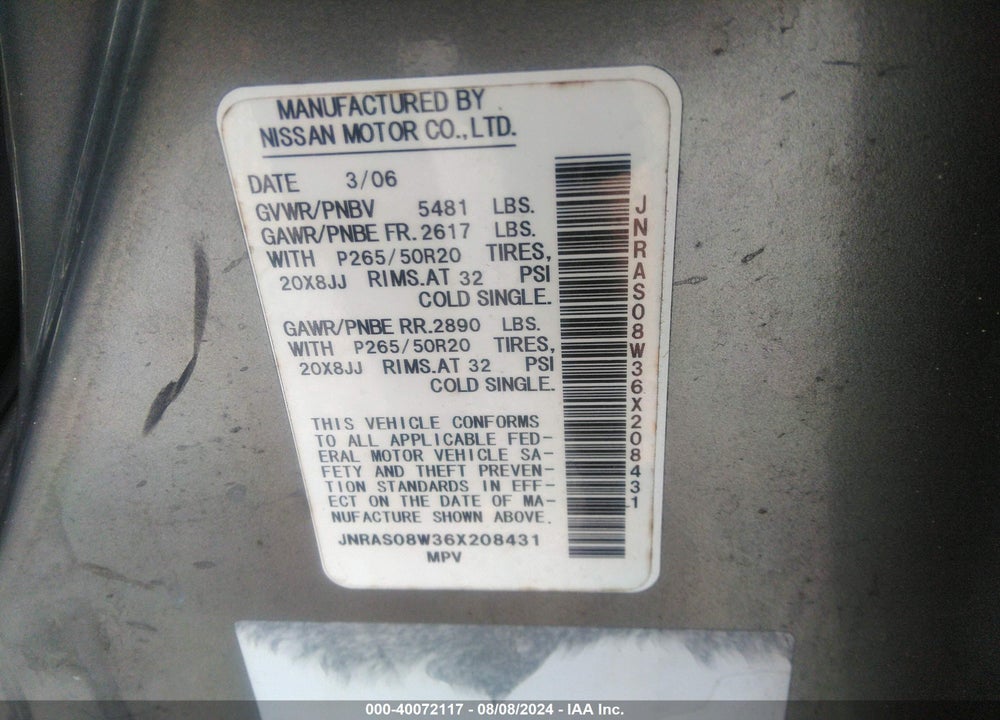 2006 INFINITI FX35 VIN: JNRAS08W36X208431
