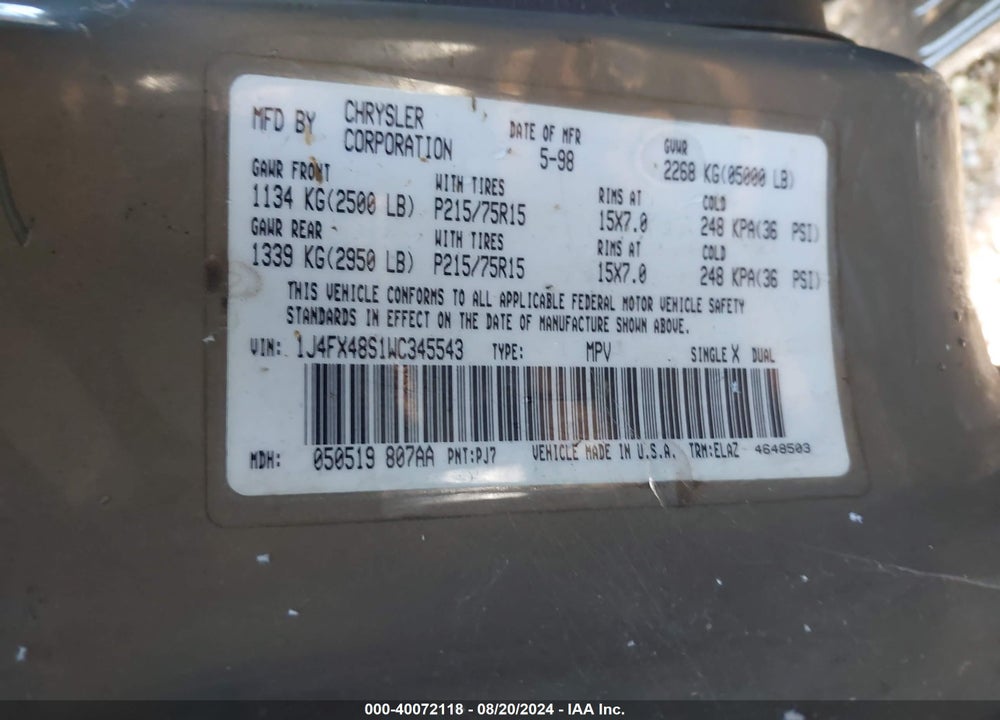 1998 JEEP GRAND CHEROKEE LAREDO VIN: 1J4FX48S1WC345543