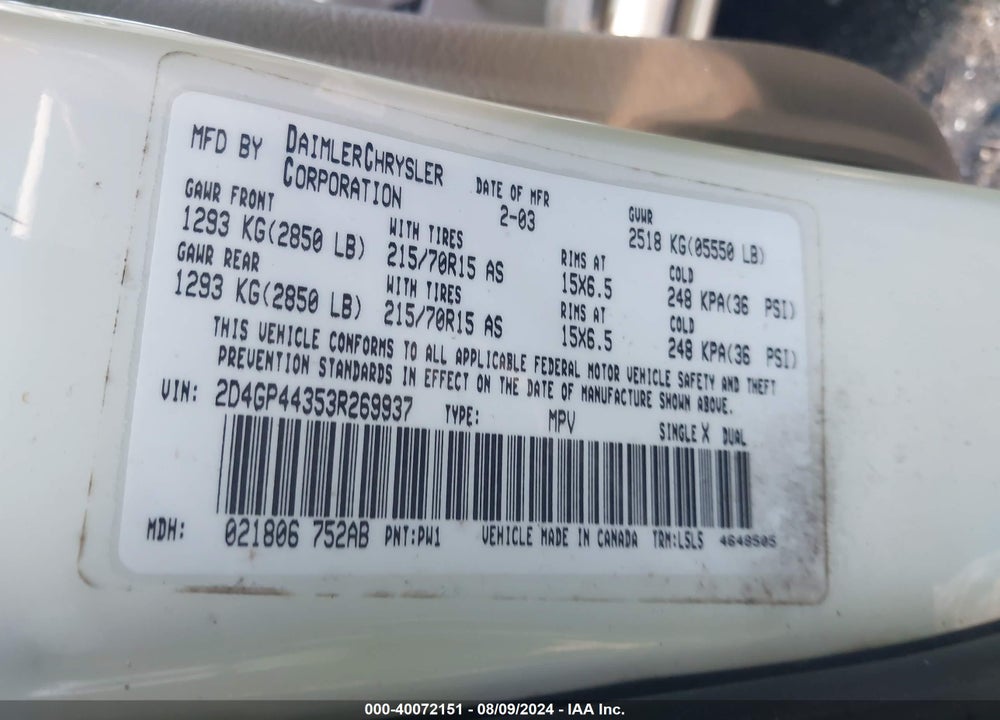 2003 DODGE GRAND CARAVAN VIN: 2D4GP44353R269937