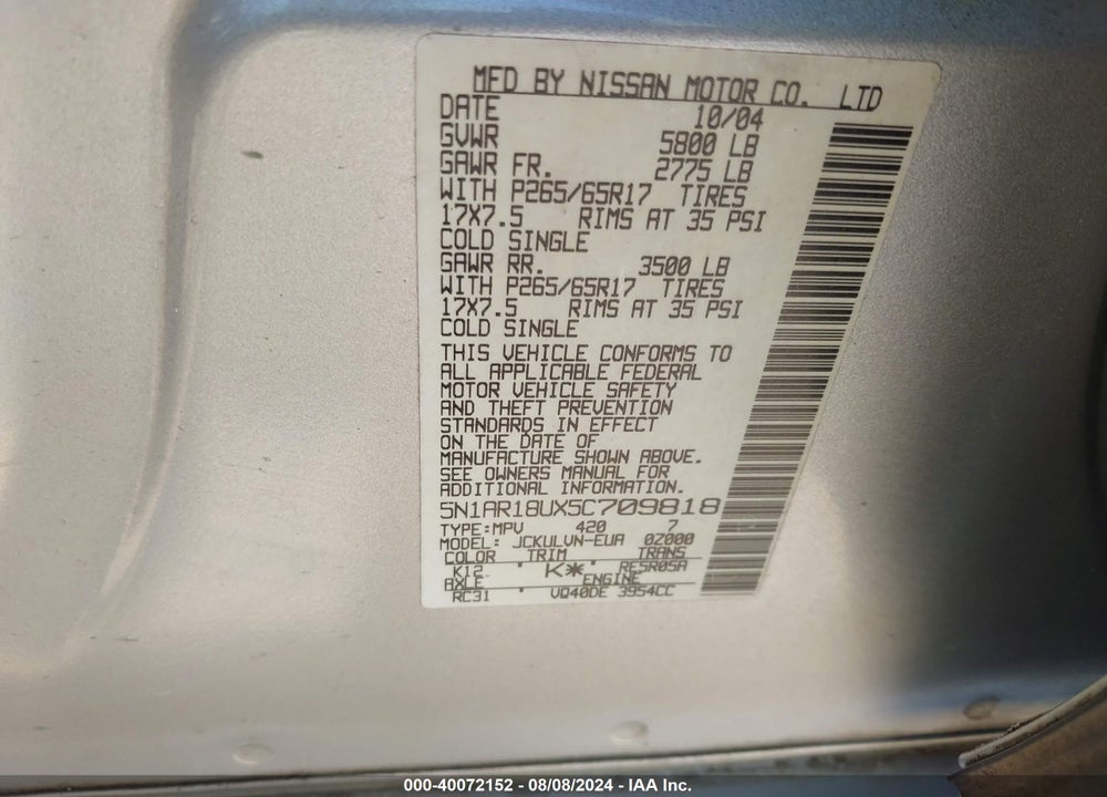 2005 NISSAN PATHFINDER LE VIN: 5N1AR18UX5C709818