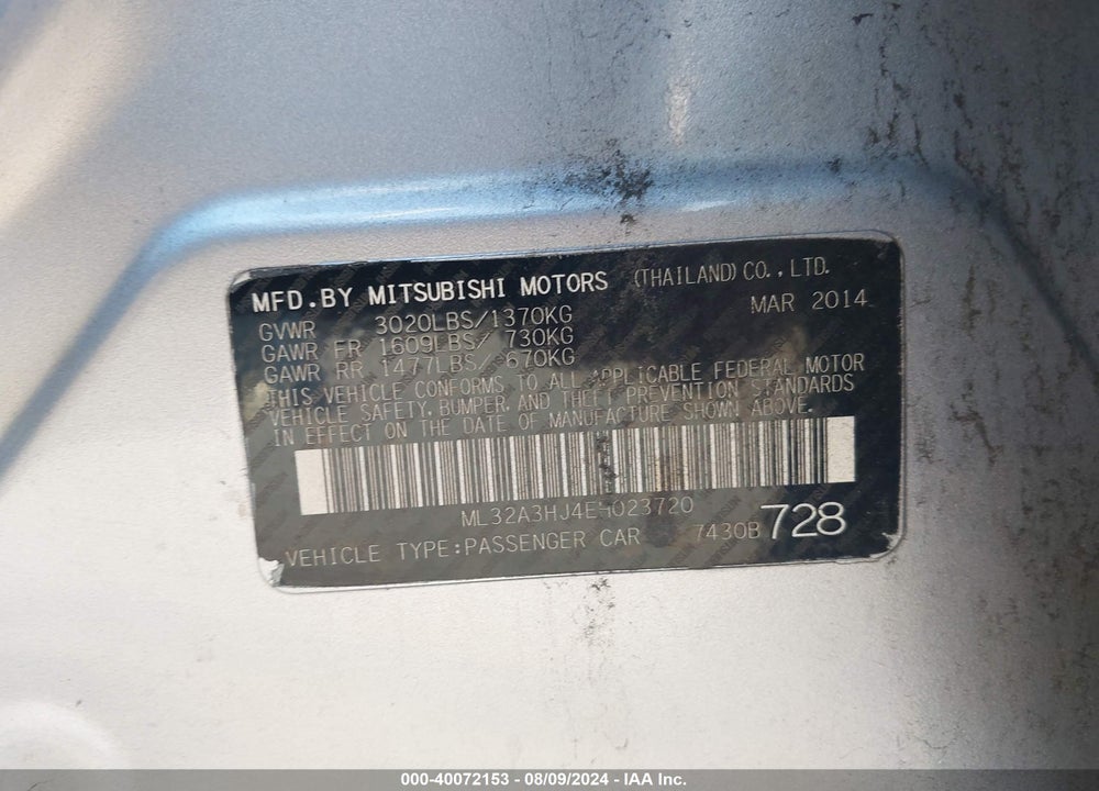 2014 MITSUBISHI MIRAGE DE VIN: ML32A3HJ4EH023720