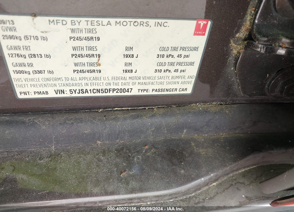 2013 TESLA MODEL S VIN: 5YJSA1CN5DFP20047