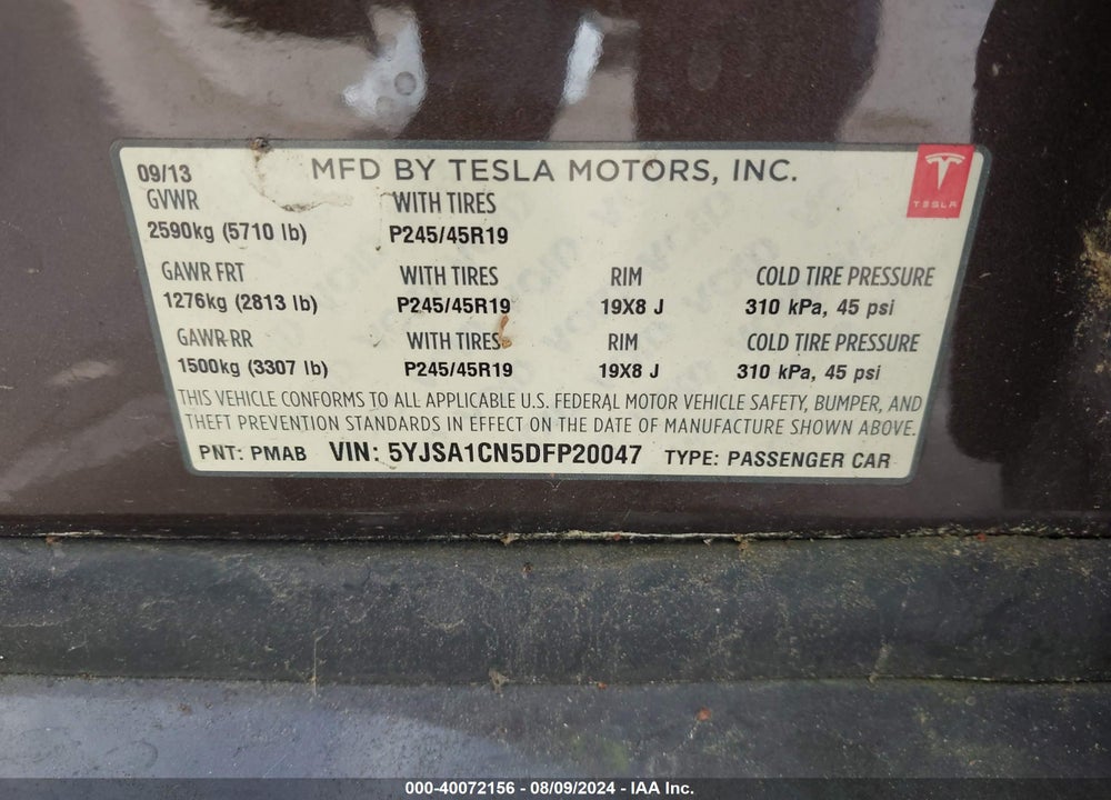 2013 TESLA MODEL S VIN: 5YJSA1CN5DFP20047