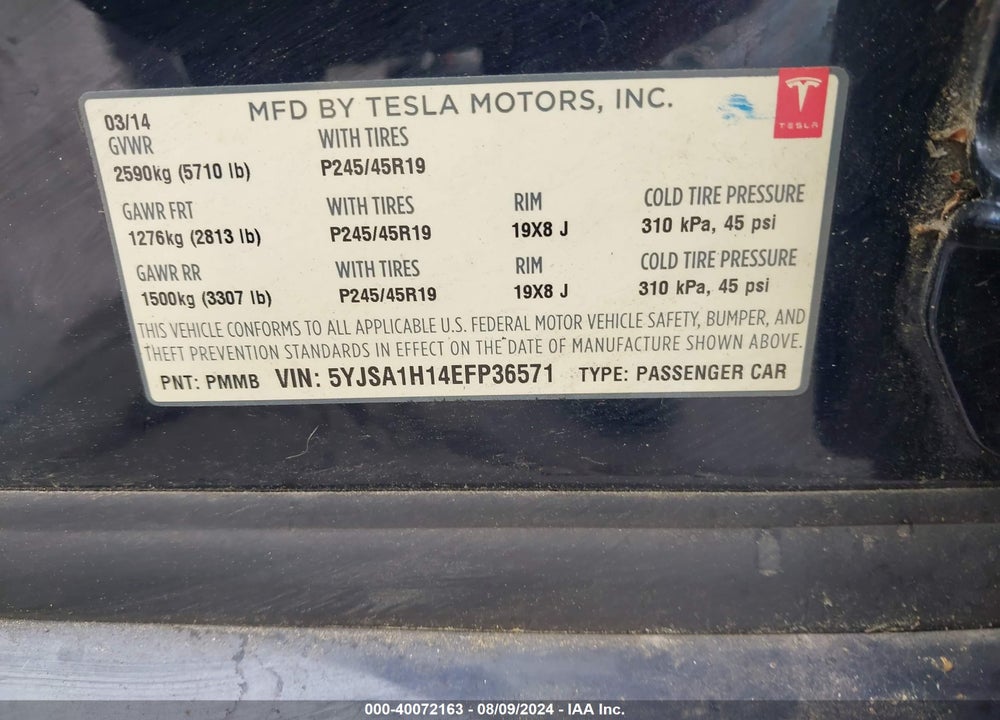 2014 TESLA MODEL S P85 VIN: 5YJSA1H14EFP36571